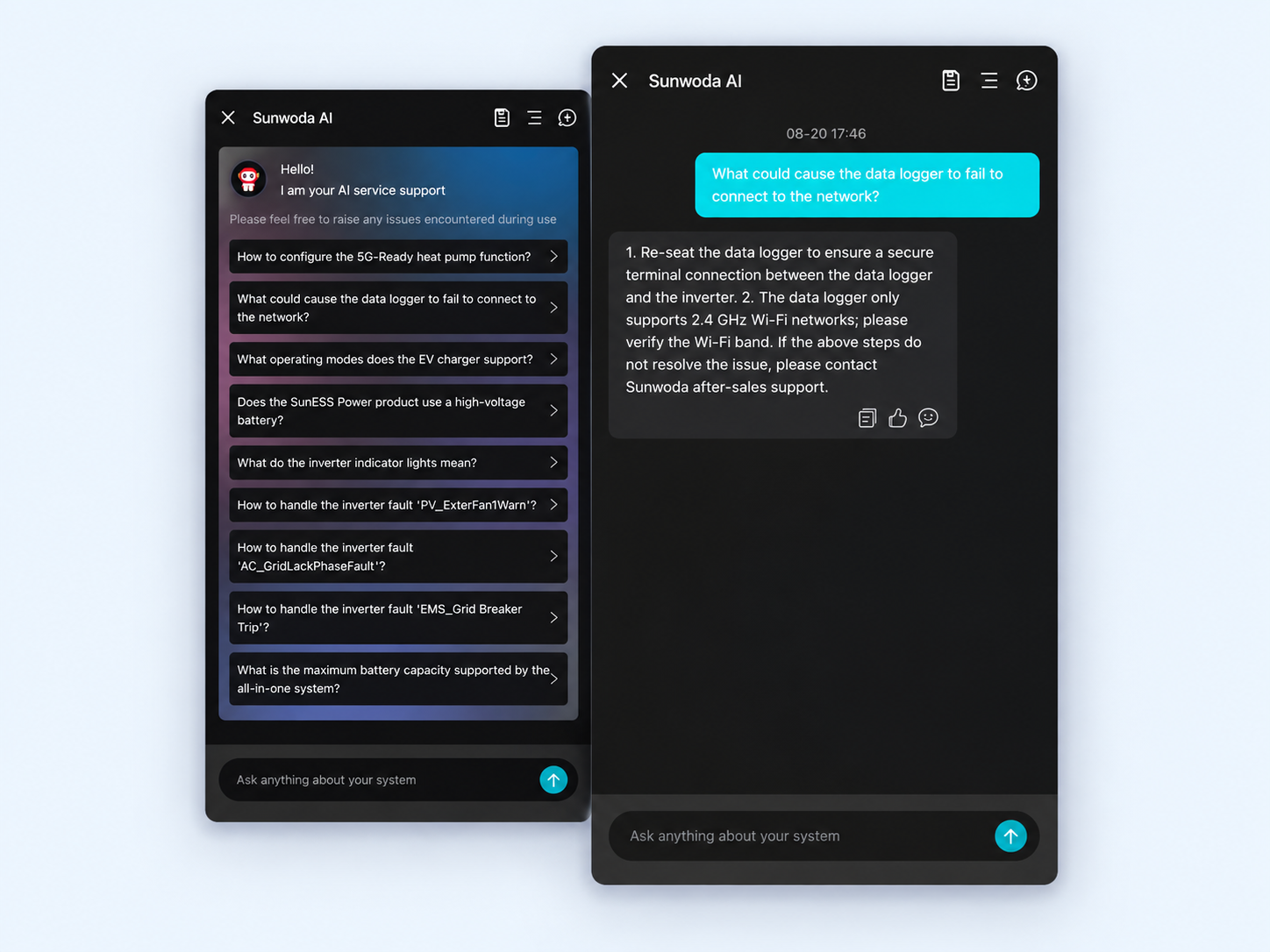 mySunPan Benutzeroberfläche des 24/7 KI-Assistenten